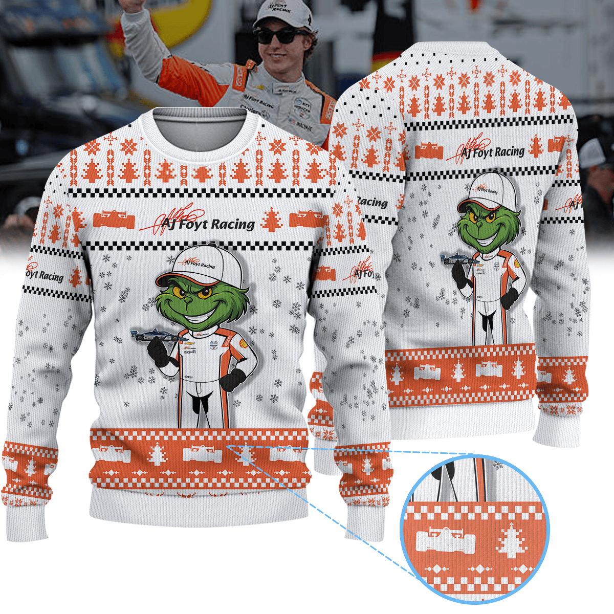 A J Foyt Enterprises David Malukas IndyCar × Grinch Ugly Christmas Sweater