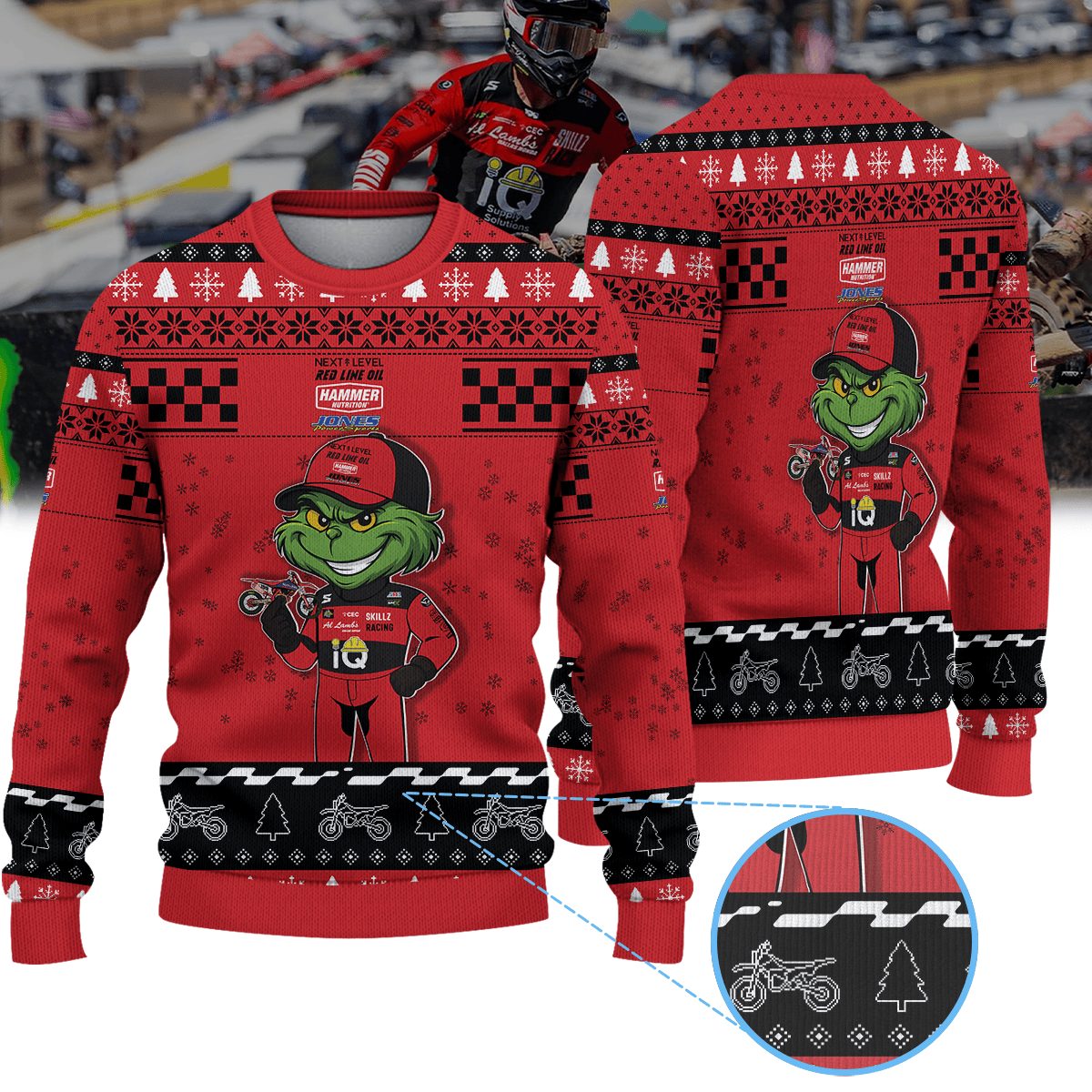 John Short Next Level Redline Oil Hammer Nutrition Jones Powersports × Grinch Ugly Christmas Sweater