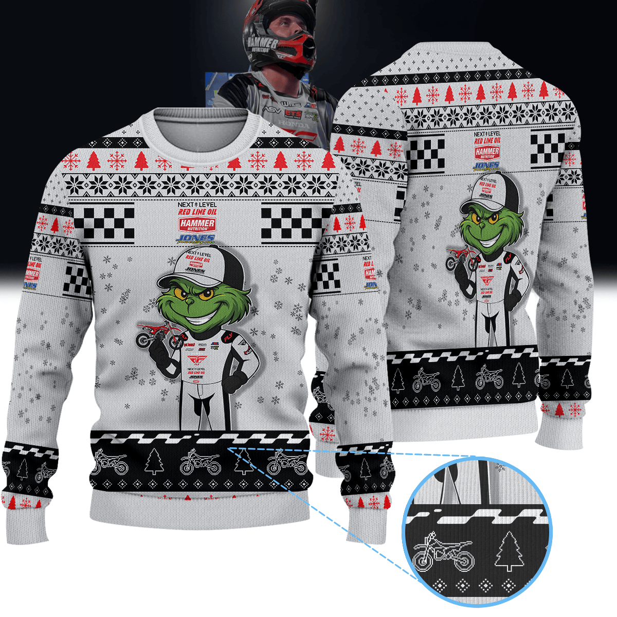 Justin Rodbell Next Level Redline Oil Hammer Nutrition Jones Powersports × Grinch Ugly Christmas Sweater