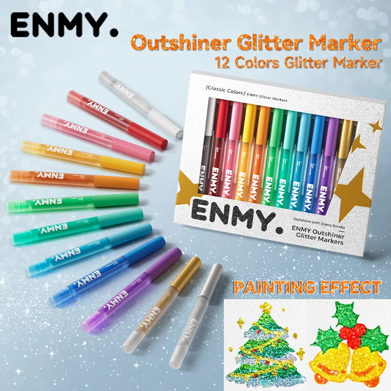 12pcs Glitter Color Shiny Pens Set Bling Sparkling Highlighter Marker 7mm Brush for Drawing Painting Art School Metallic Glitter